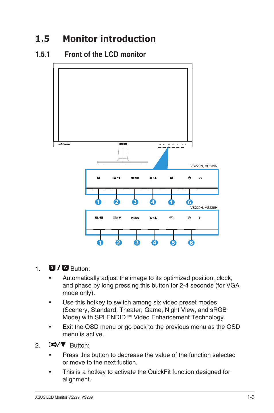 5 monitor introduction, 1 front of the lcd monitor, Monitor introduction -3 1.5.1 | Front of the lcd monitor -3 | Asus VS239HV User Manual | Page 9 / 23