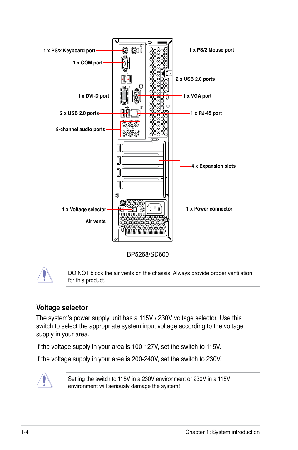 Voltage selector | Asus BP5268 User Manual | Page 14 / 35