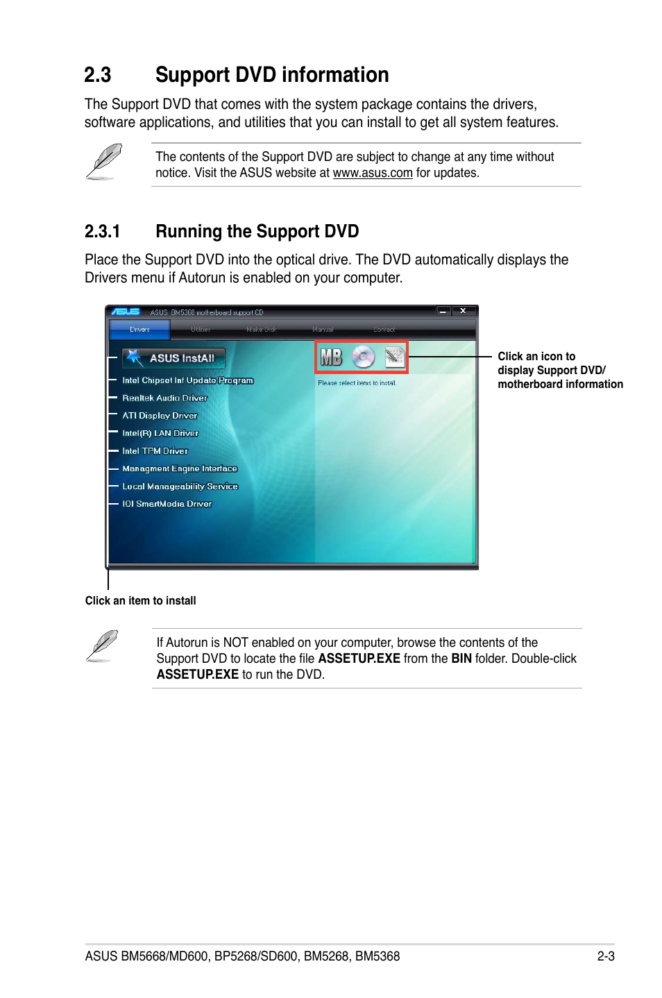 3 support dvd information, 1 running the support dvd, Support dvd information -3 2.3.1 | Running the support dvd -3 | Asus BP5268 User Manual | Page 19 / 35