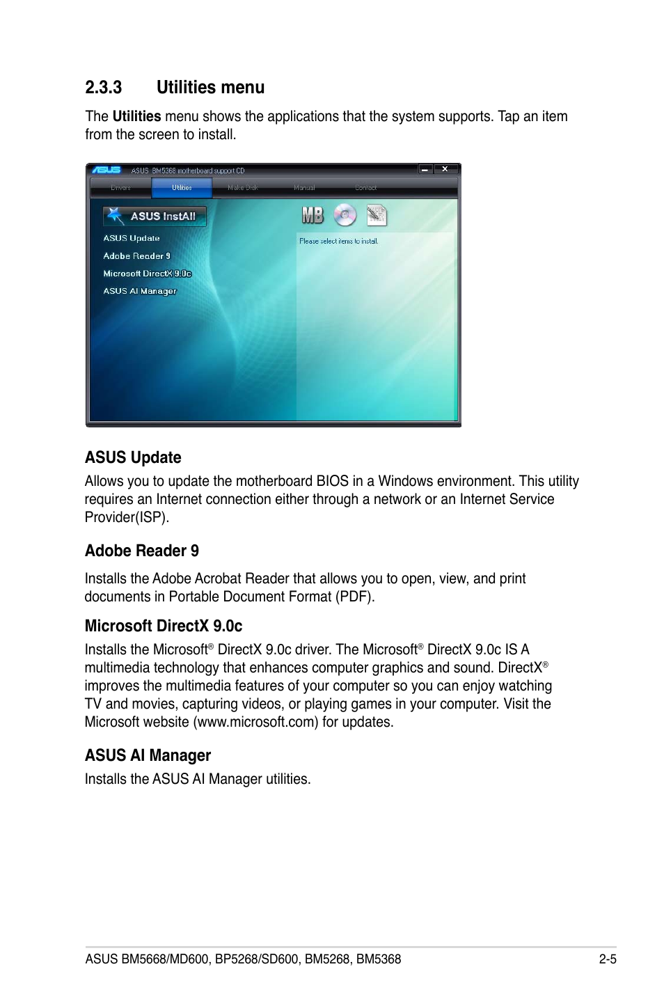 3 utilities menu, Utilities menu -5 | Asus BP5268 User Manual | Page 21 / 35