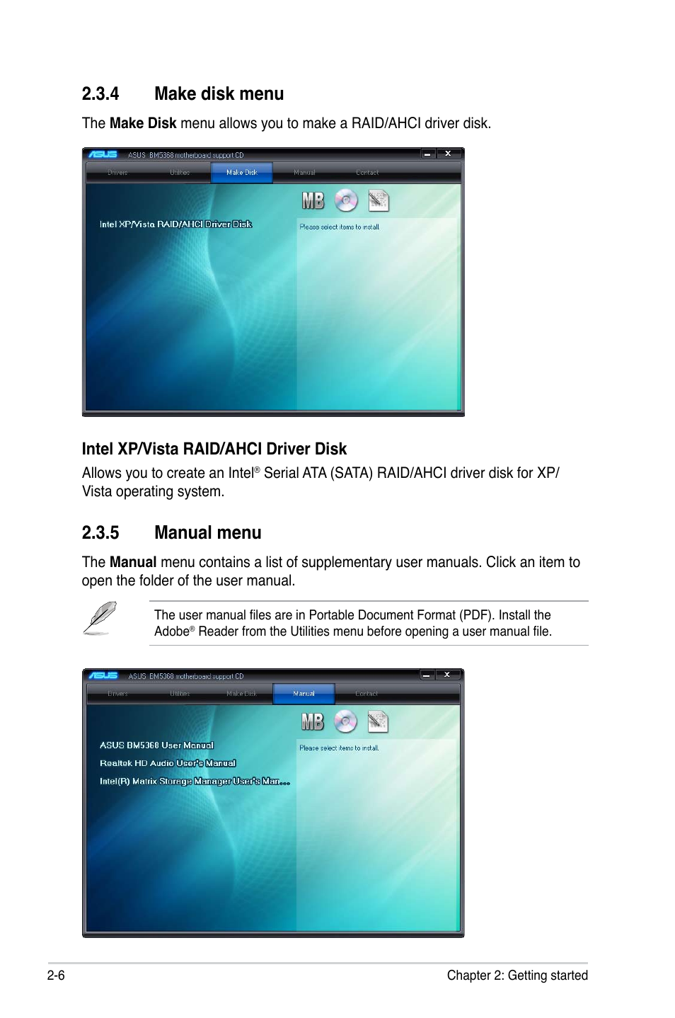 4 make disk menu, 5 manual menu, Make disk menu -6 | Manual menu -6 | Asus BP5268 User Manual | Page 22 / 35