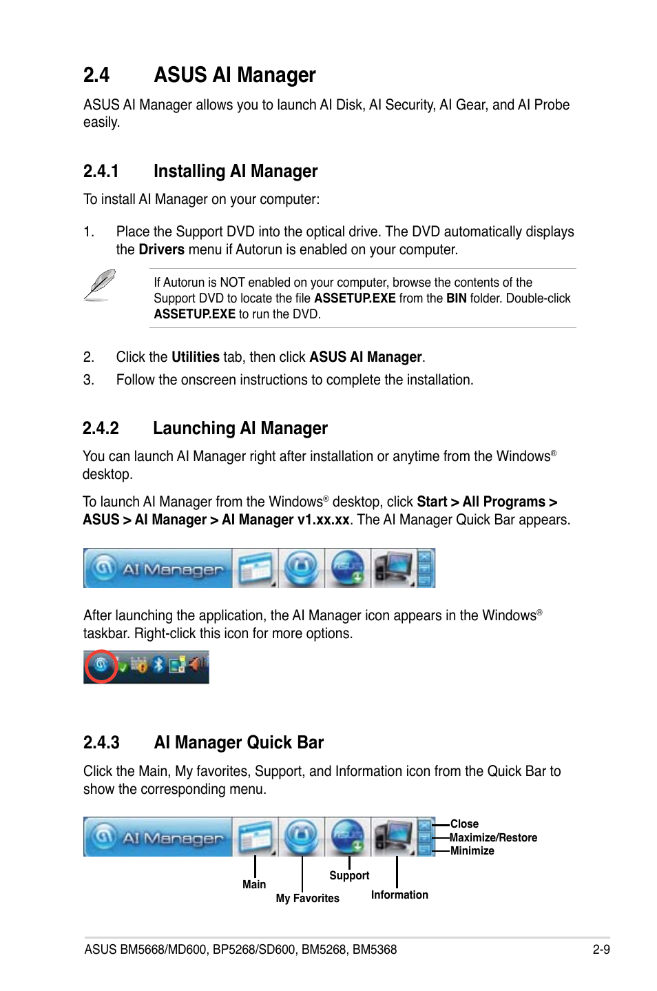 4 asus ai manager, 1 installing ai manager, 2 launching ai manager | 3 ai manager quick bar, Asus ai manager -9 2.4.1, Installing ai manager -9, Launching ai manager -9, Ai manager quick bar -9 | Asus BP5268 User Manual | Page 25 / 35