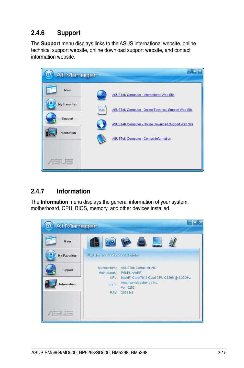 6 support, 7 information, Support -15 | Information -15 | Asus BP5268 User Manual | Page 31 / 35