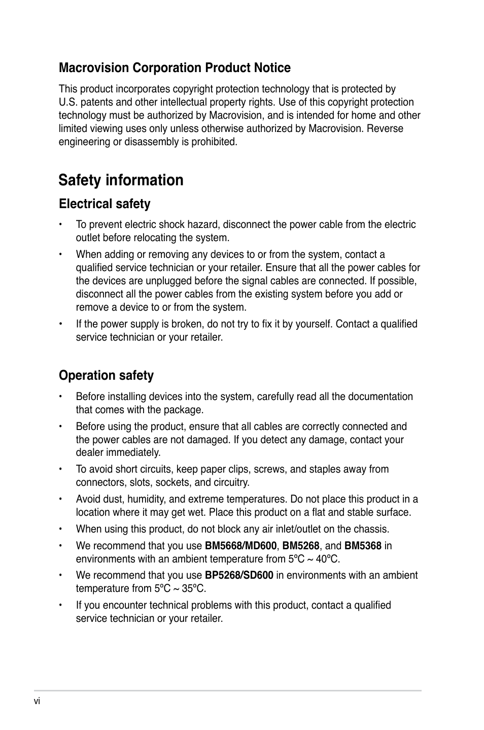 Safety information, Electrical safety, Operation safety | Macrovision corporation product notice | Asus BP5268 User Manual | Page 6 / 35