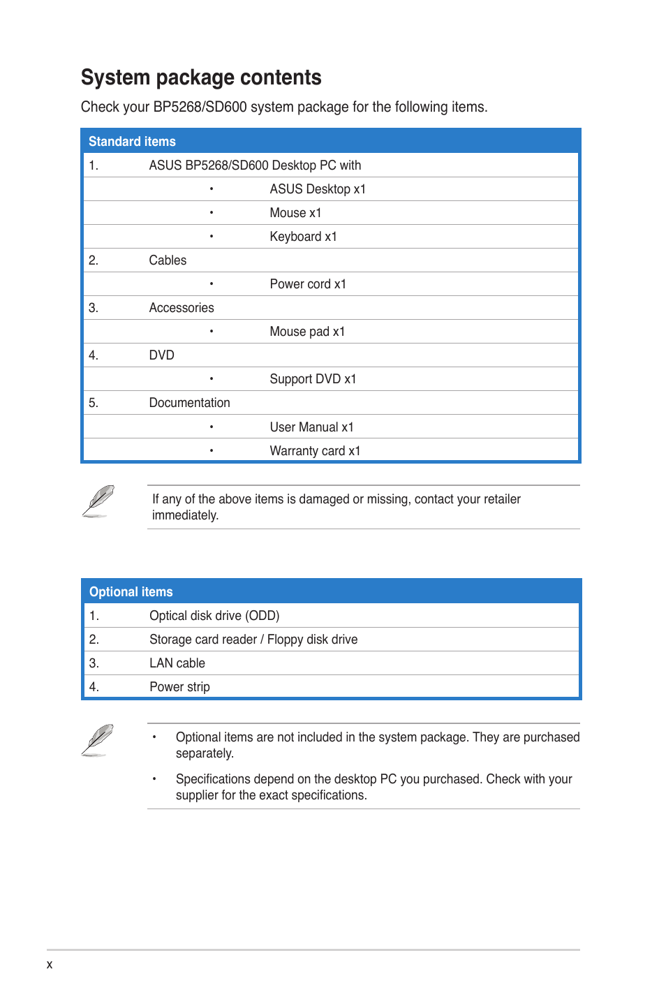 System package contents | Asus BP5268 User Manual | Page 10 / 33