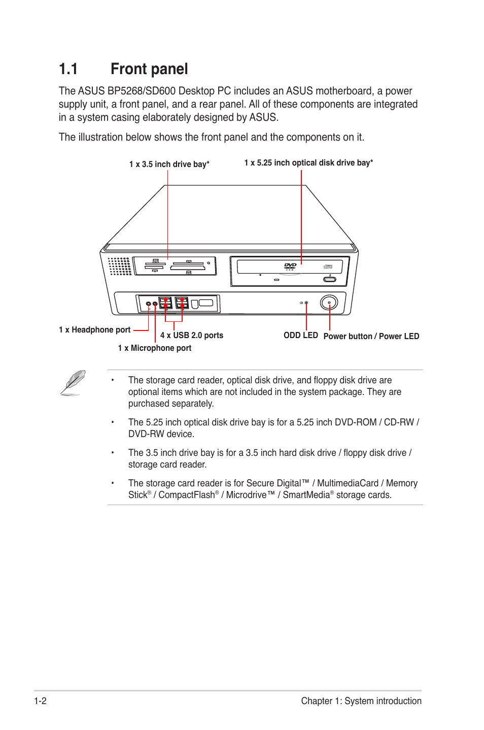 1 front panel, Front panel -2 | Asus BP5268 User Manual | Page 12 / 33