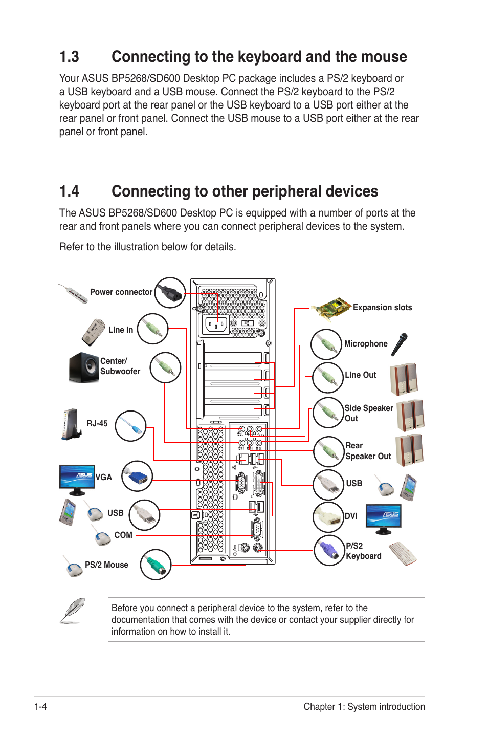 3 connecting to the keyboard and the mouse, 4 connecting to other peripheral devices, Connecting to the keyboard and the mouse -4 | Connecting to other peripheral devices -4, 3 connecting to the keyboard and the mouse | Asus BP5268 User Manual | Page 14 / 33