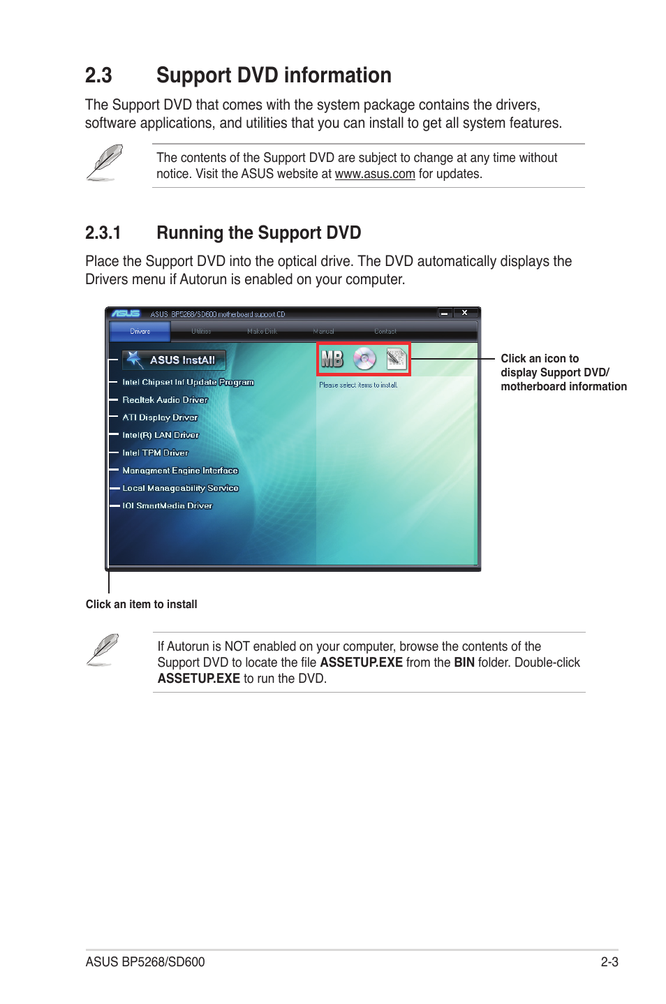 3 support dvd information, 1 running the support dvd, Support dvd information -3 2.3.1 | Running the support dvd -3 | Asus BP5268 User Manual | Page 17 / 33