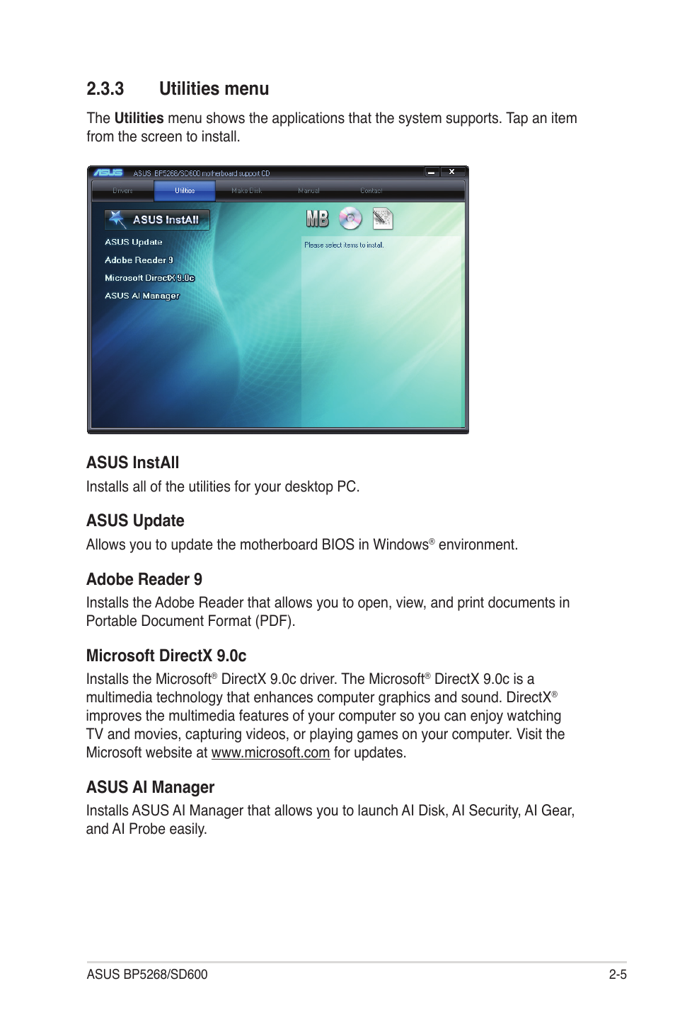 3 utilities menu, Utilities menu -5, Asus install | Asus update, Adobe reader 9, Microsoft directx 9.0c, Asus ai manager | Asus BP5268 User Manual | Page 19 / 33