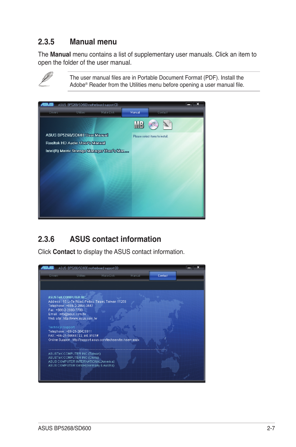 5 manual menu, 6 asus contact information, Manual menu -7 | Asus contact information -7 | Asus BP5268 User Manual | Page 21 / 33