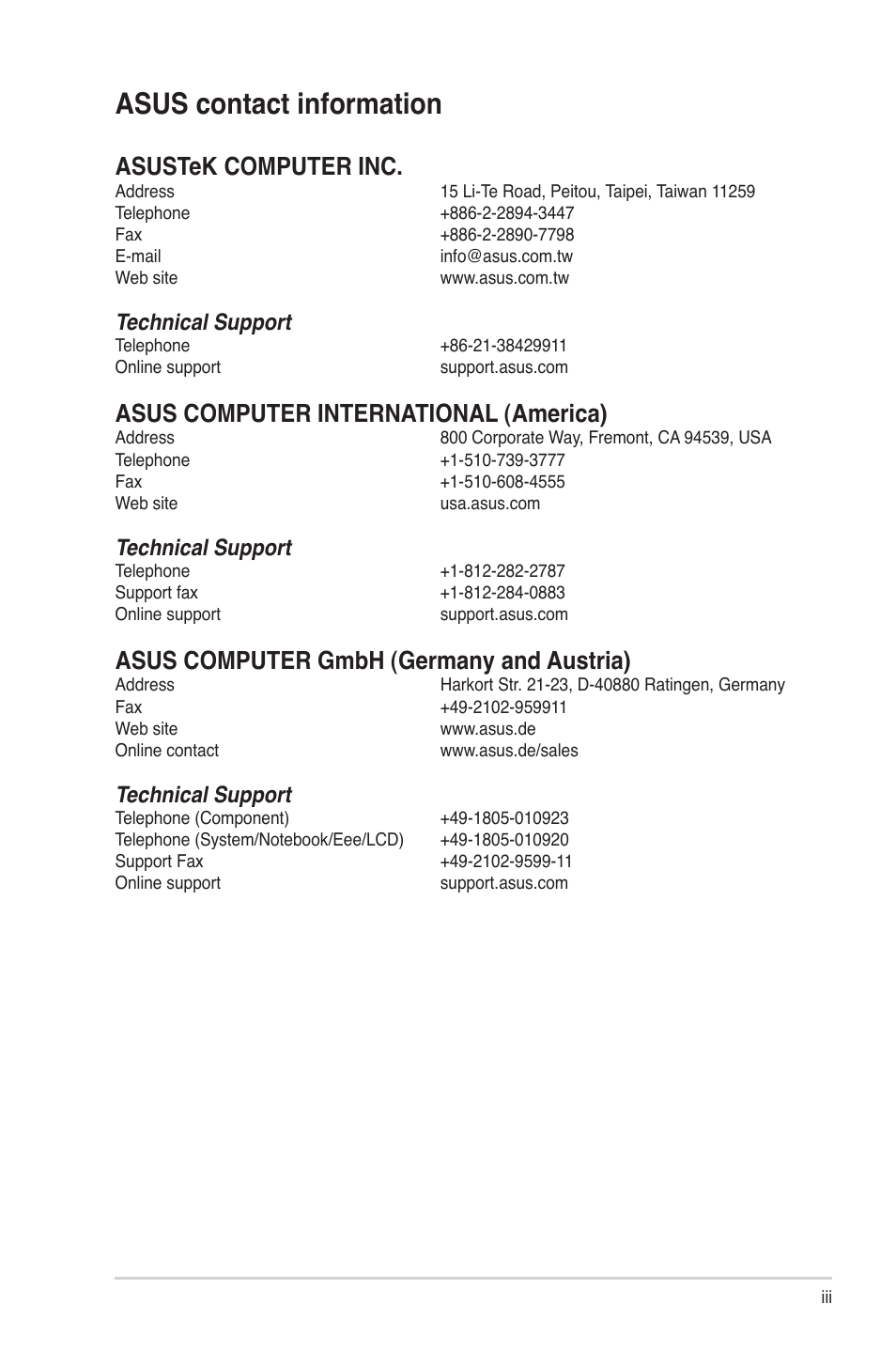 Asus contact information, Asustek computer inc, Asus computer international (america) | Asus computer gmbh (germany and austria), Technical support | Asus BP5268 User Manual | Page 3 / 33