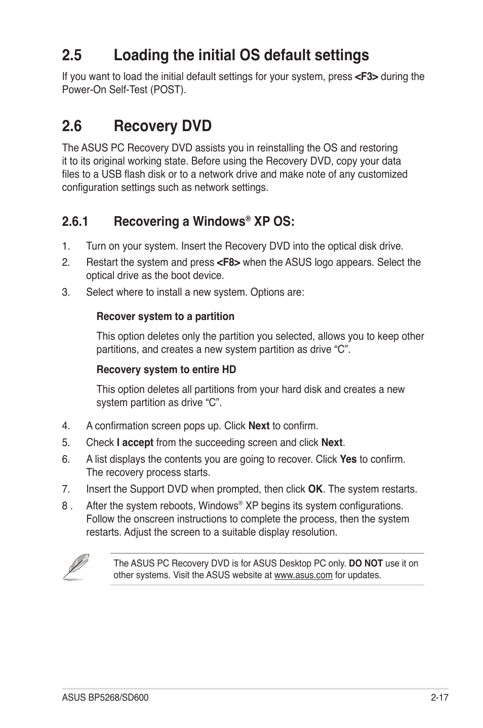 5 loading the initial os default settings, 6 recovery dvd, 1 recovering a windows® xp os | Loading the initial os default settings -17, Recovery dvd -17 2.6.1, Recovering a windows, Xp os: -17, 1 recovering a windows, Xp os | Asus BP5268 User Manual | Page 31 / 33