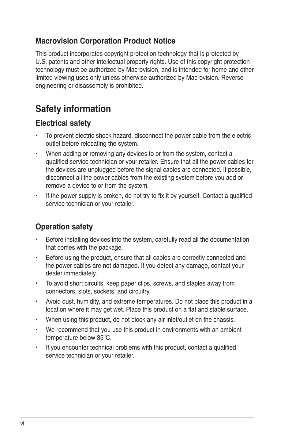 Safety information, Electrical safety, Operation safety | Macrovision corporation product notice | Asus BP5268 User Manual | Page 6 / 33