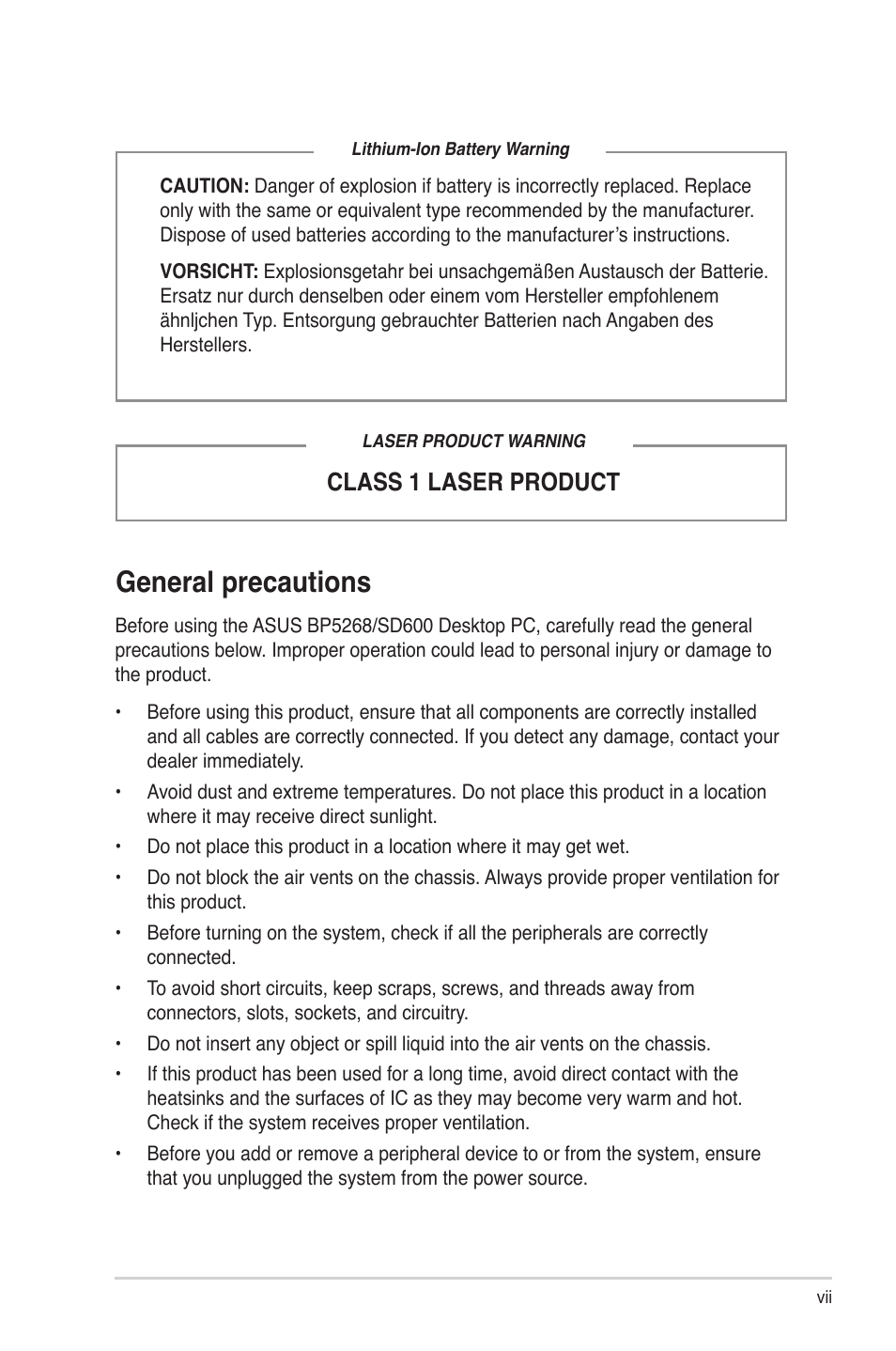 General precautions, Class 1 laser product | Asus BP5268 User Manual | Page 7 / 33