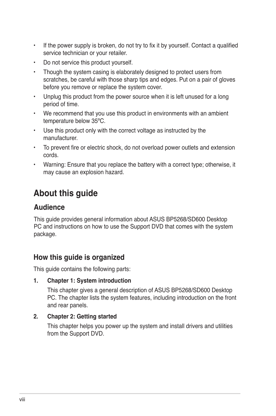 About this guide, How this guide is organized, Audience | Asus BP5268 User Manual | Page 8 / 33