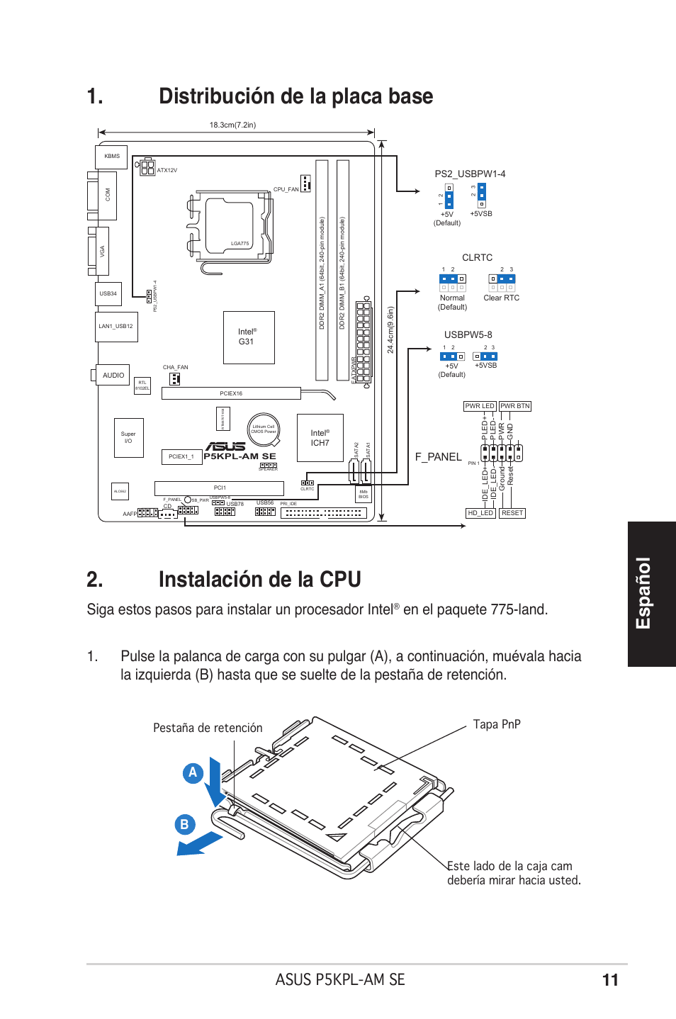 Español, Asus p5kpl-am se, Siga estos pasos para instalar un procesador intel | F_panel | Asus P5KPL-AM SE User Manual | Page 11 / 38