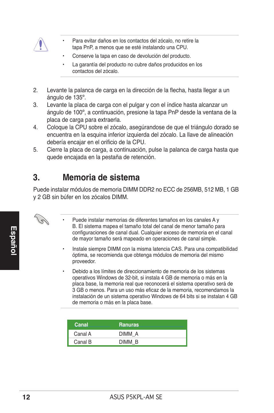 Español | Asus P5KPL-AM SE User Manual | Page 12 / 38