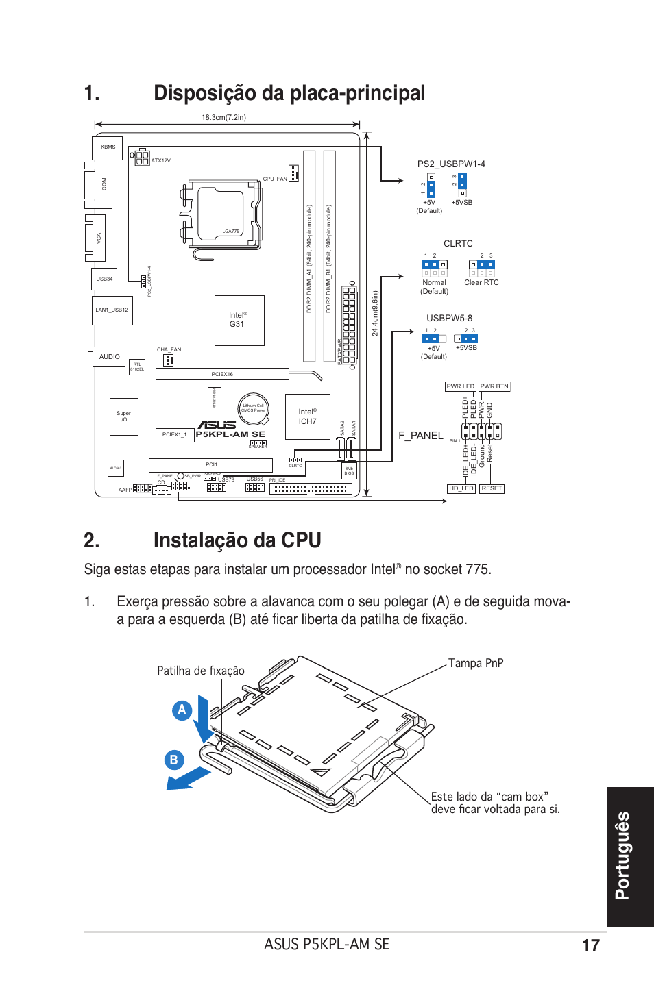 Disposição da placa-principal 2. instalação da cpu, Português, Asus p5kpl-am se | F_panel | Asus P5KPL-AM SE User Manual | Page 17 / 38