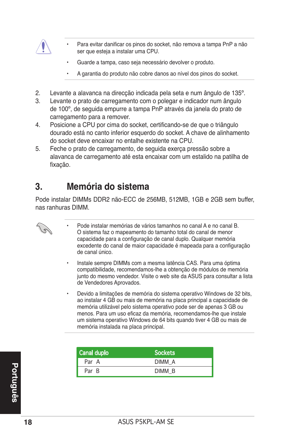 Memória do sistema, Português | Asus P5KPL-AM SE User Manual | Page 18 / 38