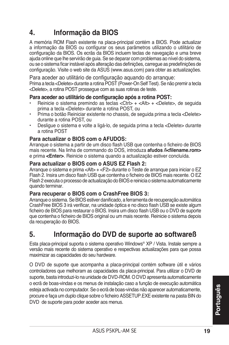 Informação da bios, Informação do dvd de suporte ao softwareß, Português | Asus P5KPL-AM SE User Manual | Page 19 / 38
