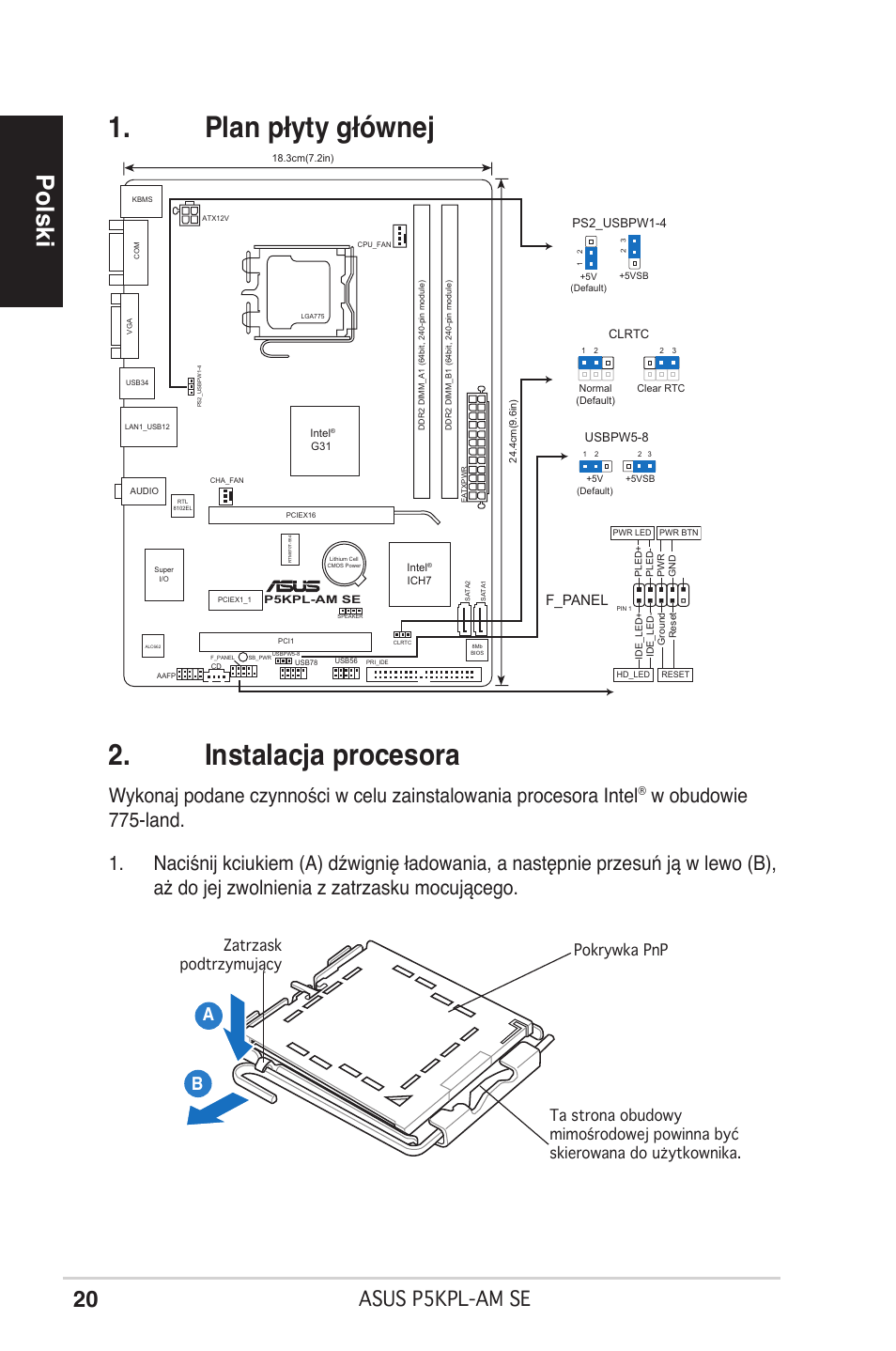 Plan płyty głównej 2. instalacja procesora, Polski, Asus p5kpl-am se | F_panel | Asus P5KPL-AM SE User Manual | Page 20 / 38