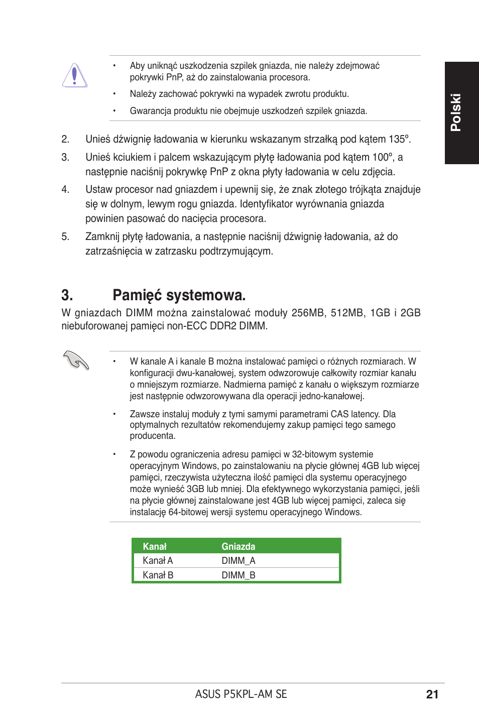 Pamięć systemowa, Polski | Asus P5KPL-AM SE User Manual | Page 21 / 38