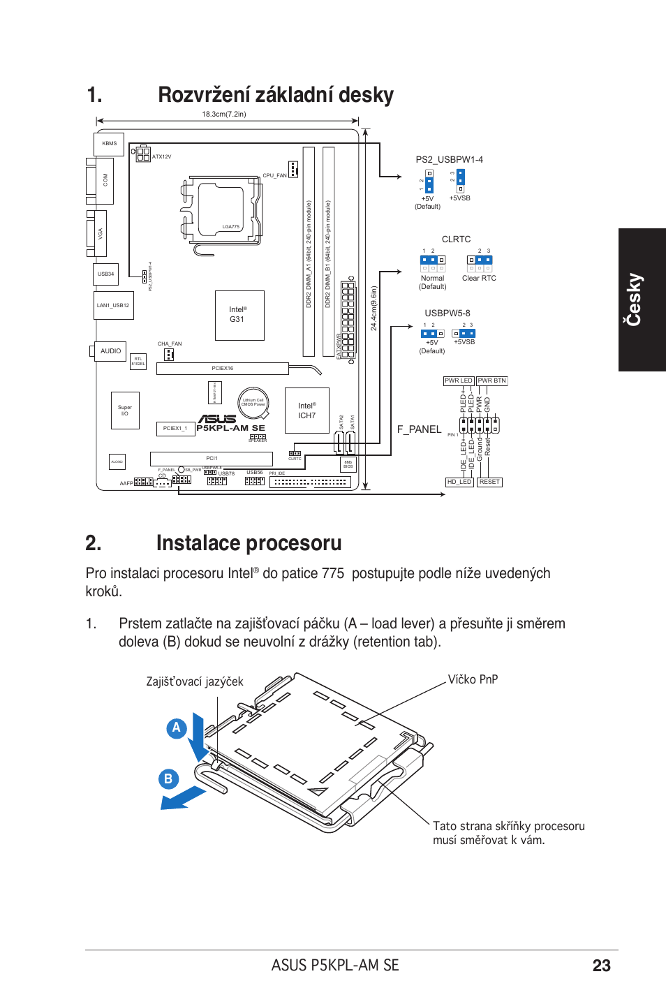 Rozvržení základní desky 2. instalace procesoru, Česky, Asus p5kpl-am se | Pro instalaci procesoru intel, F_panel | Asus P5KPL-AM SE User Manual | Page 23 / 38