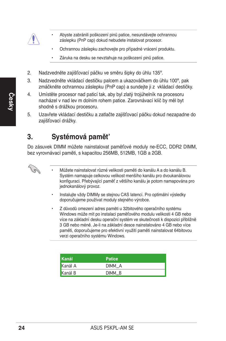 Systémová pamět, Česky | Asus P5KPL-AM SE User Manual | Page 24 / 38