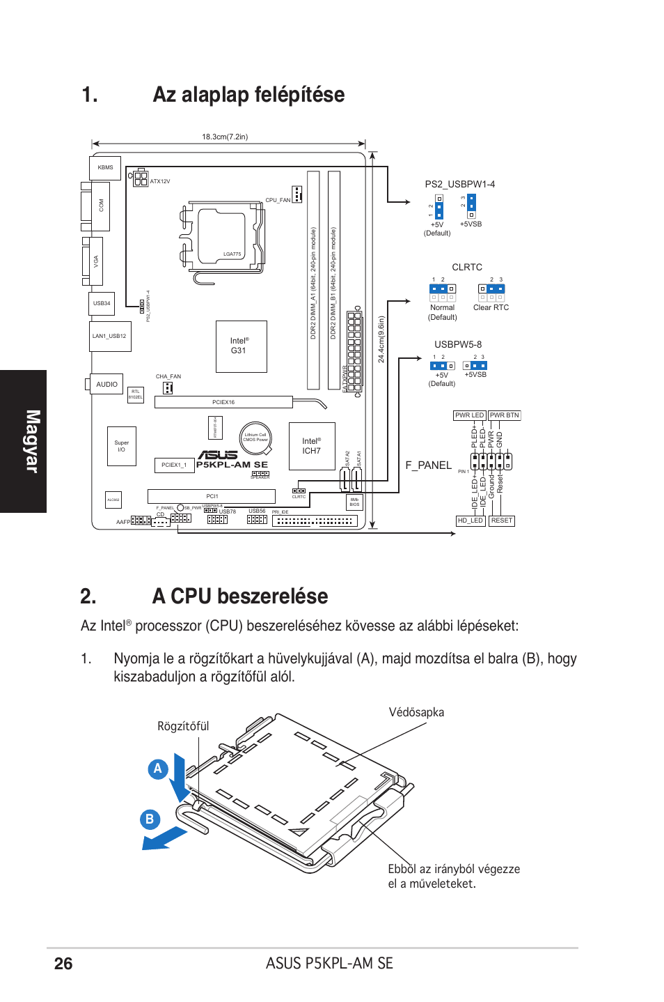 Az alaplap felépítése 2. a cpu beszerelése, Magyar, Asus p5kpl-am se | Az intel, F_panel | Asus P5KPL-AM SE User Manual | Page 26 / 38