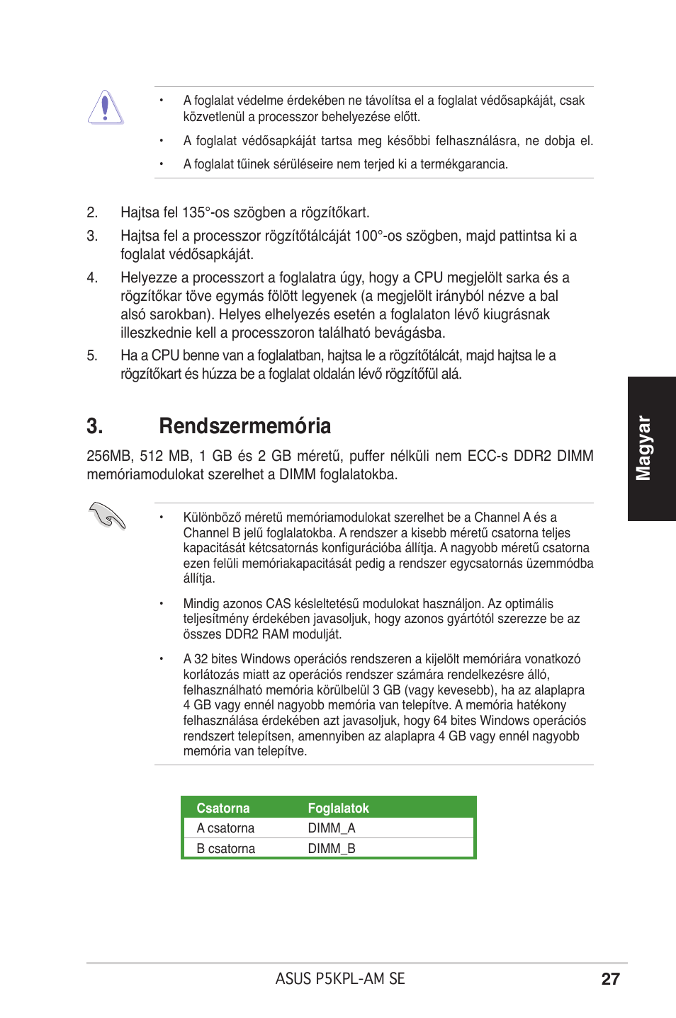 Rendszermemória, Magyar | Asus P5KPL-AM SE User Manual | Page 27 / 38