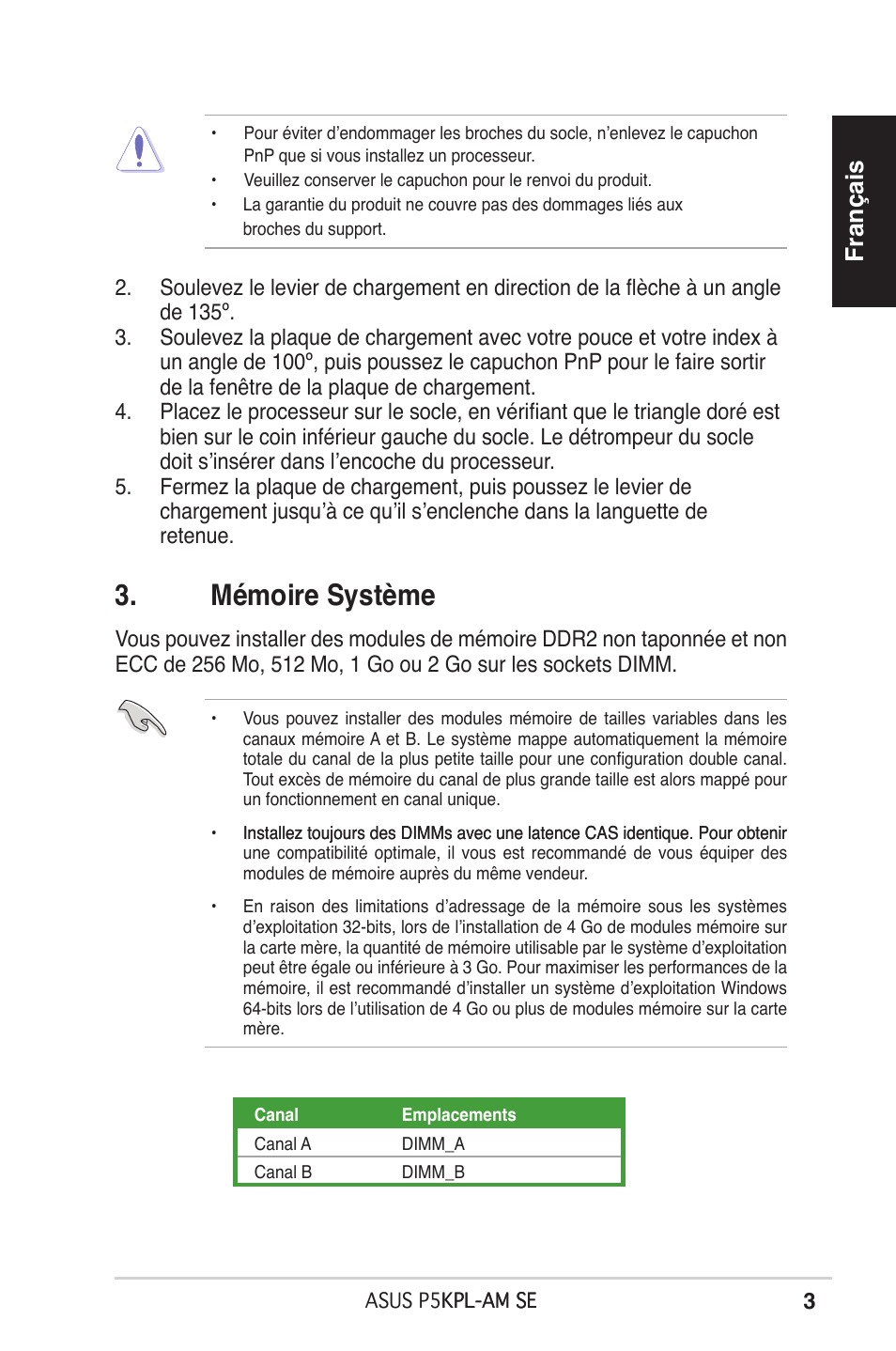 Mémoire système, Français | Asus P5KPL-AM SE User Manual | Page 3 / 38