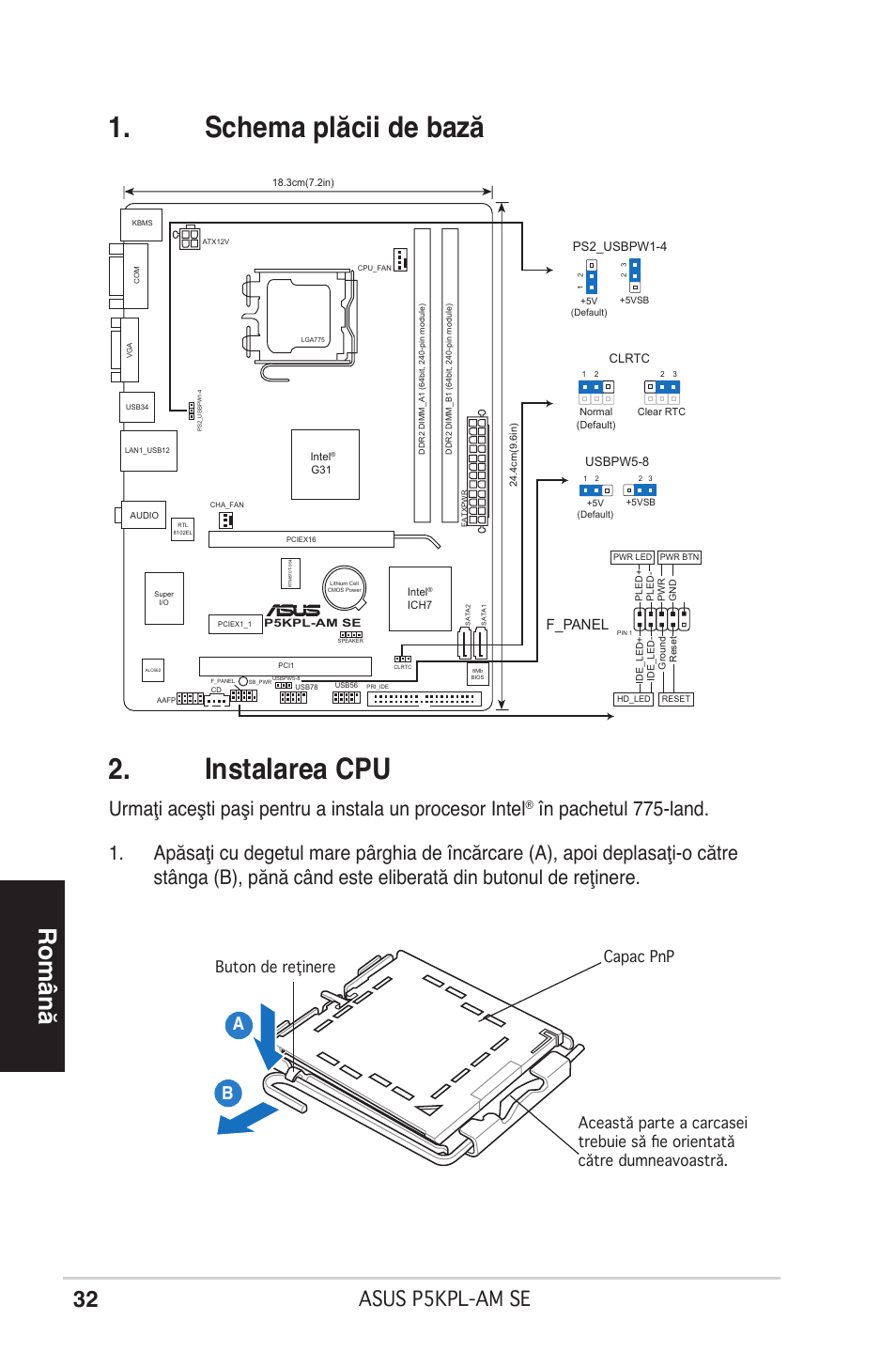 Schema plăcii de bază 2. instalarea cpu, Română, Asus p5kpl-am se | F_panel | Asus P5KPL-AM SE User Manual | Page 32 / 38