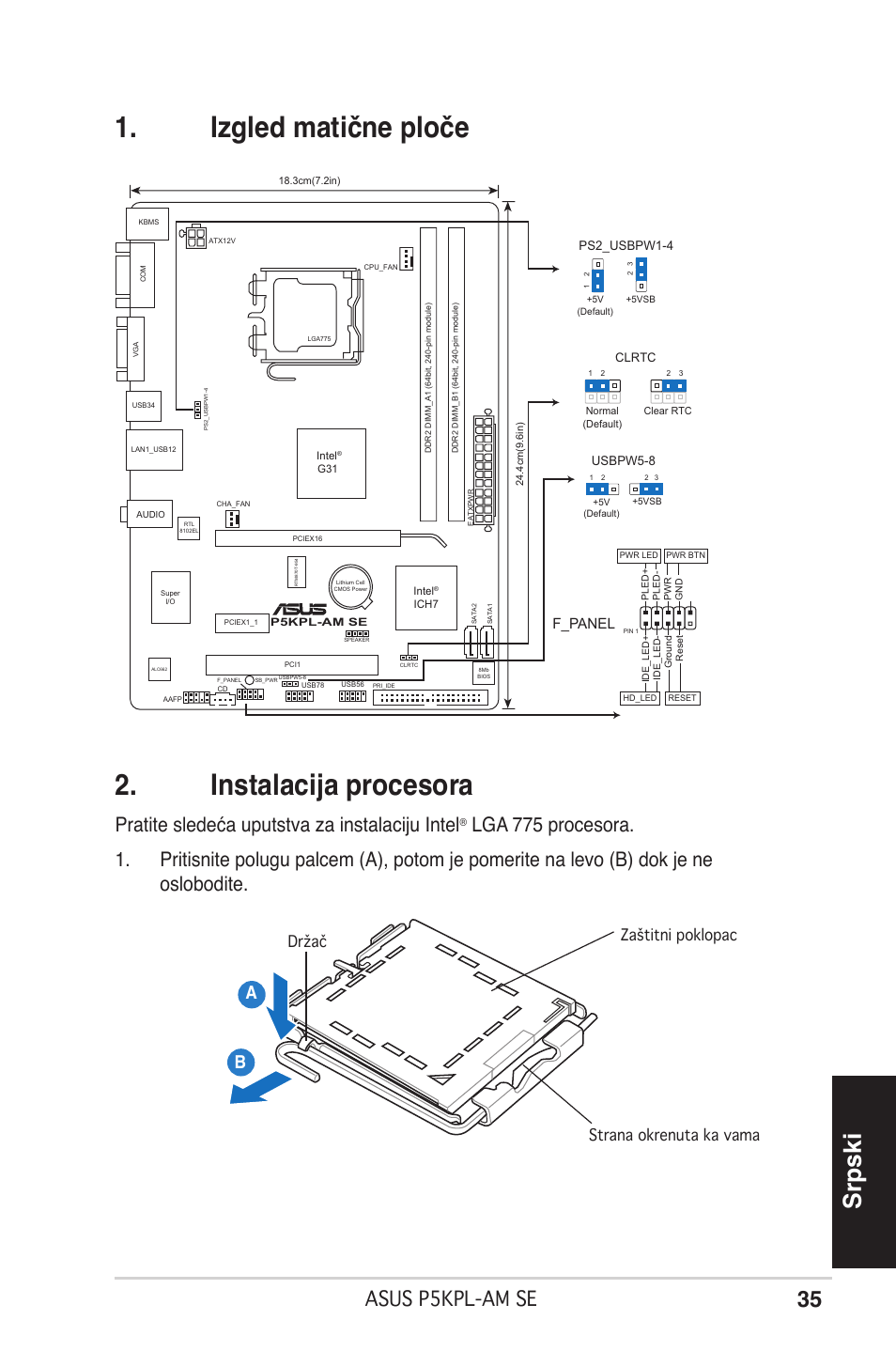 Izgled matične ploče 2. instalacija procesora, Srpski, Asus p5kpl-am se | Pratite sledeća uputstva za instalaciju intel, Držač strana okrenuta ka vama zaštitni poklopac, F_panel | Asus P5KPL-AM SE User Manual | Page 35 / 38