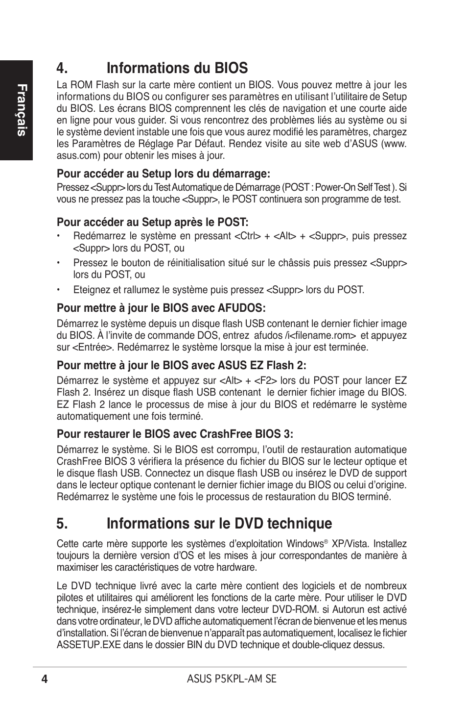 Informations du bios, Informations sur le dvd technique, Français | Asus P5KPL-AM SE User Manual | Page 4 / 38