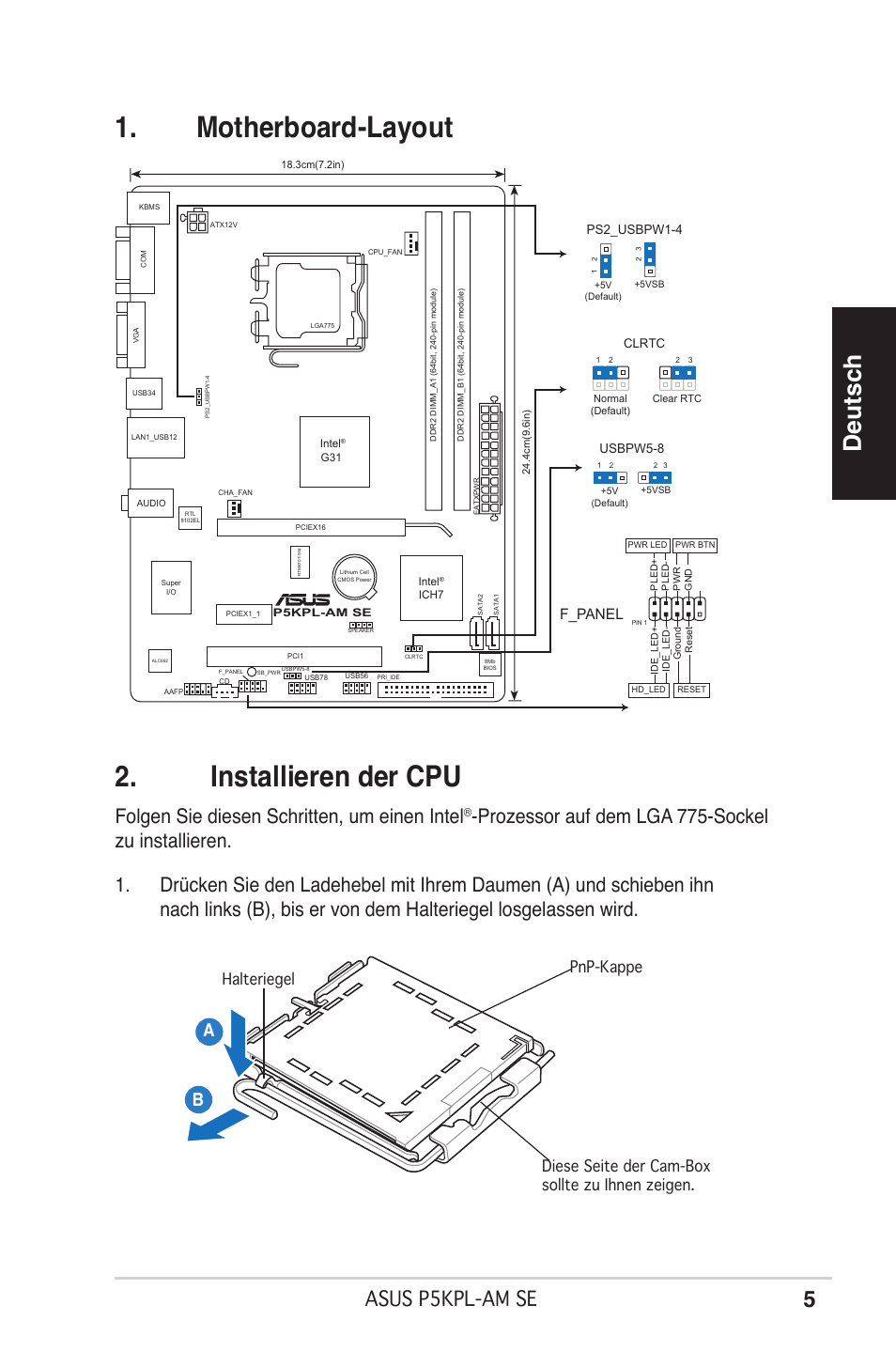 Motherboard-layout 2. installieren der cpu, Deutsch, Asus p5kpl-am se | Folgen sie diesen schritten, u� einen intel, F_panel | Asus P5KPL-AM SE User Manual | Page 5 / 38