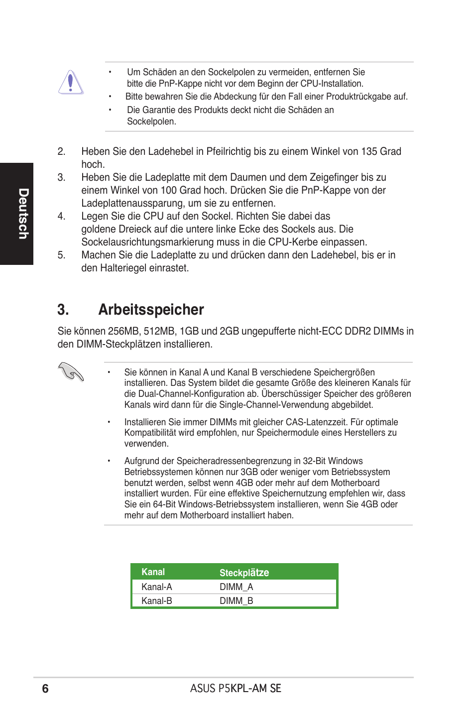 Arbeitsspeicher, Deutsch | Asus P5KPL-AM SE User Manual | Page 6 / 38