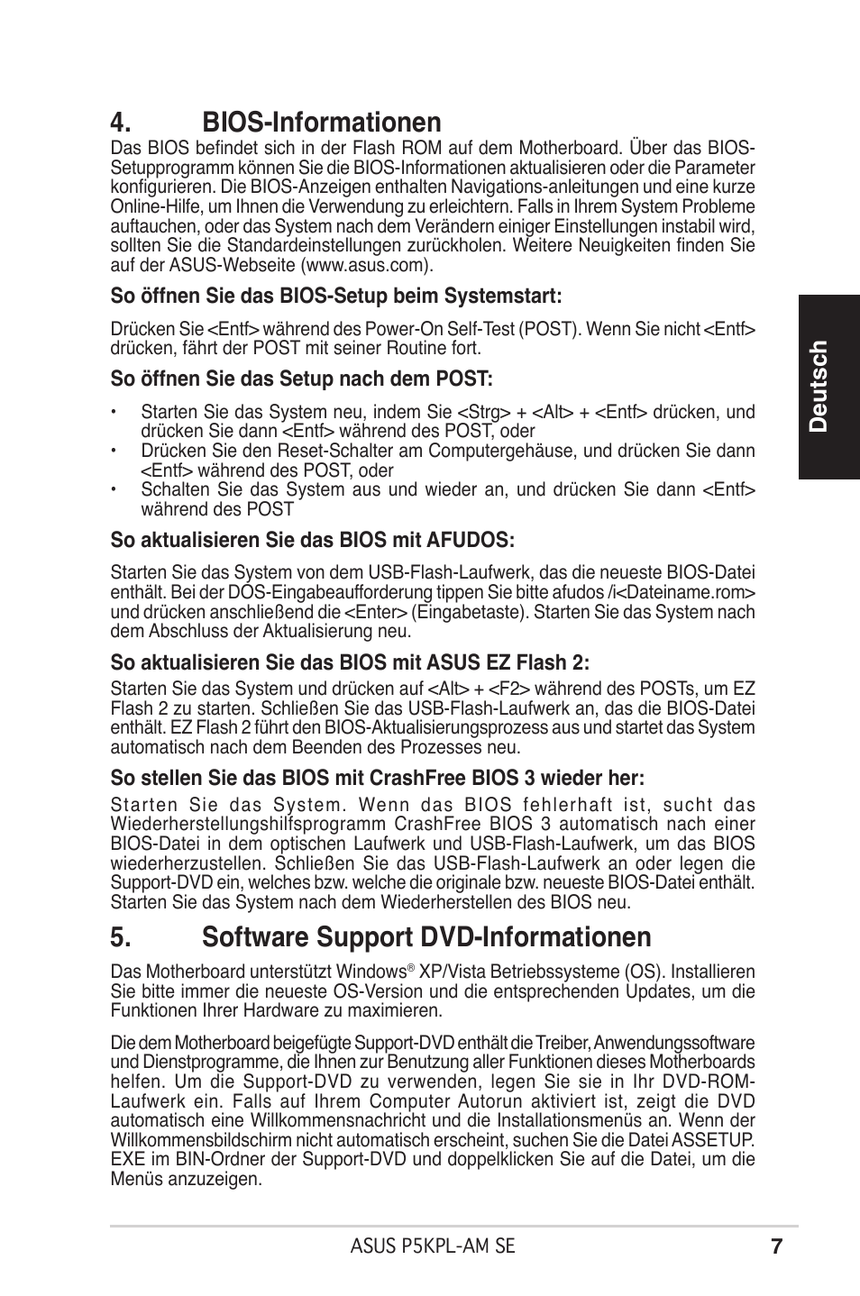 Bios-informationen, Software support dvd-informationen, Deutsch | Asus P5KPL-AM SE User Manual | Page 7 / 38