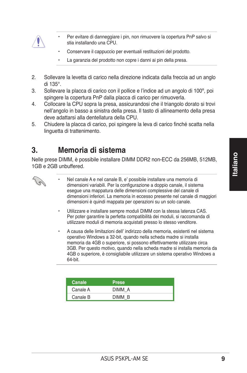 Italiano | Asus P5KPL-AM SE User Manual | Page 9 / 38