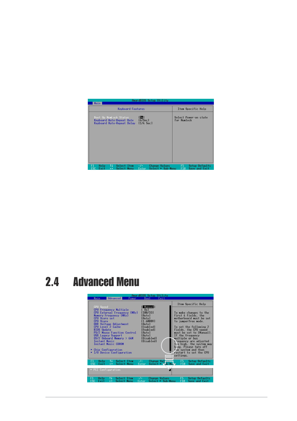 4 advanced menu, 2 keyboard features | Asus P4S800 User Manual | Page 45 / 64