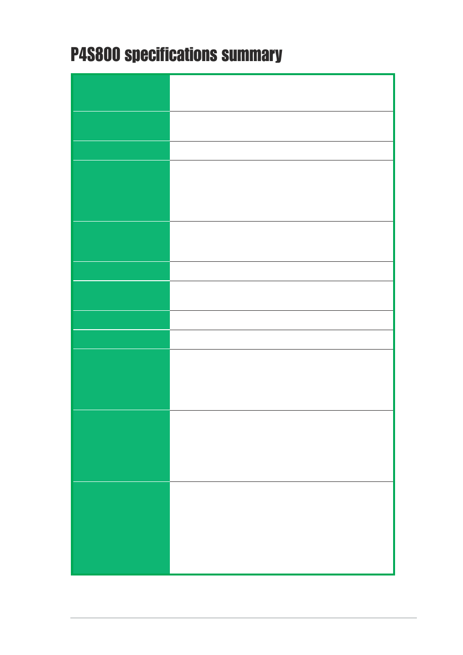 P4s800 specifications summary | Asus P4S800 User Manual | Page 9 / 64