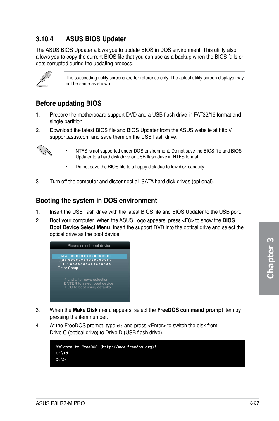 Chapter 3, Booting the system in dos environment, 4 asus bios updater | Before updating bios | Asus P8H77-M PRO User Manual | Page 105 / 156