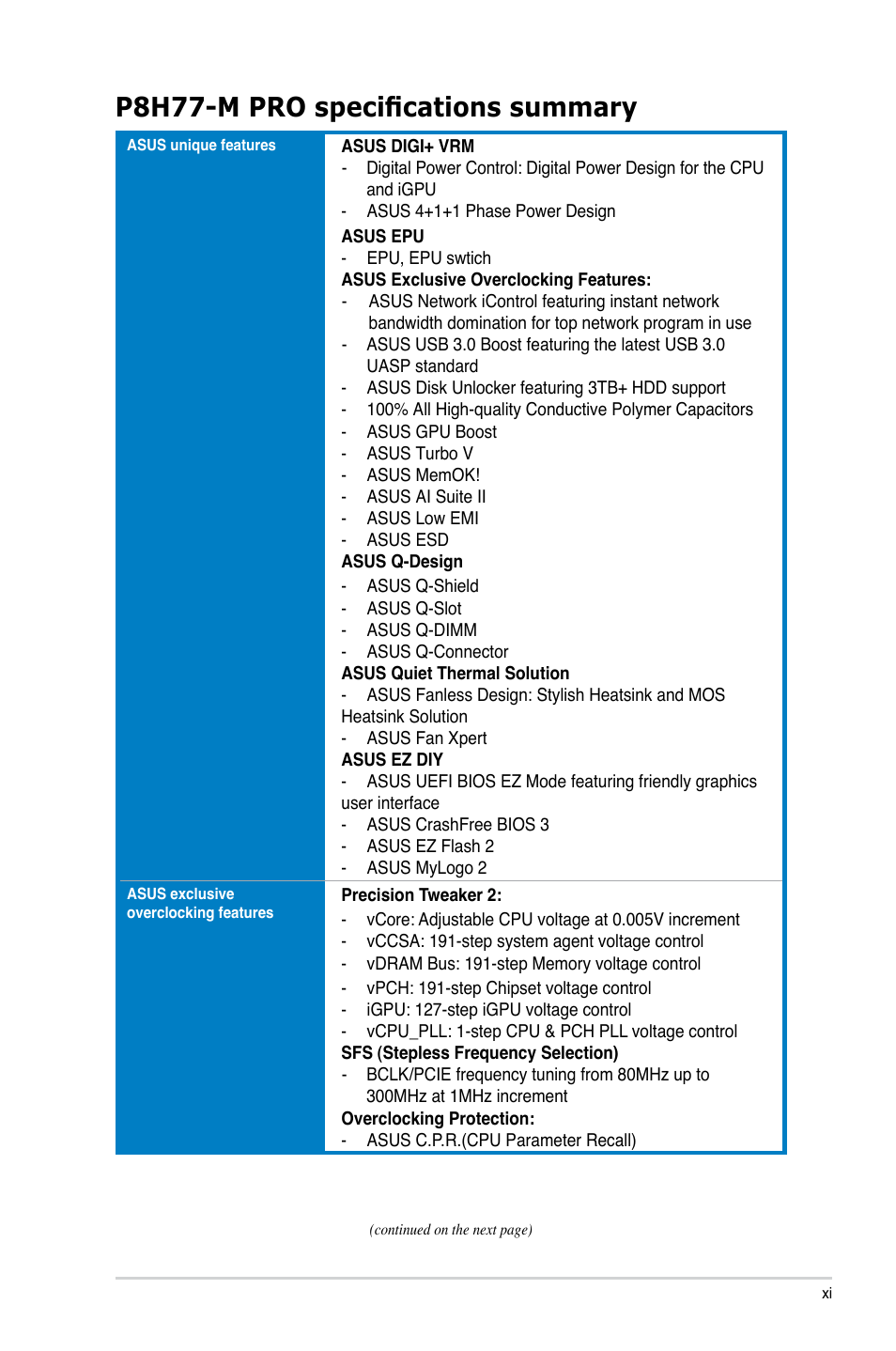 P8h77-m pro specifications summary | Asus P8H77-M PRO User Manual | Page 11 / 156