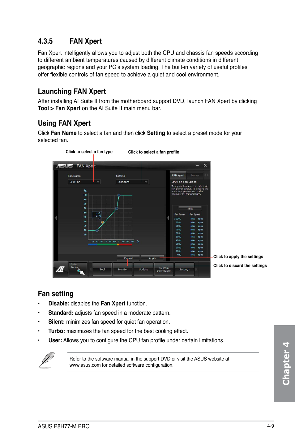 Chapter 4, 5 fan xpert, Launching fan xpert | Fan setting, Using fan xpert | Asus P8H77-M PRO User Manual | Page 115 / 156
