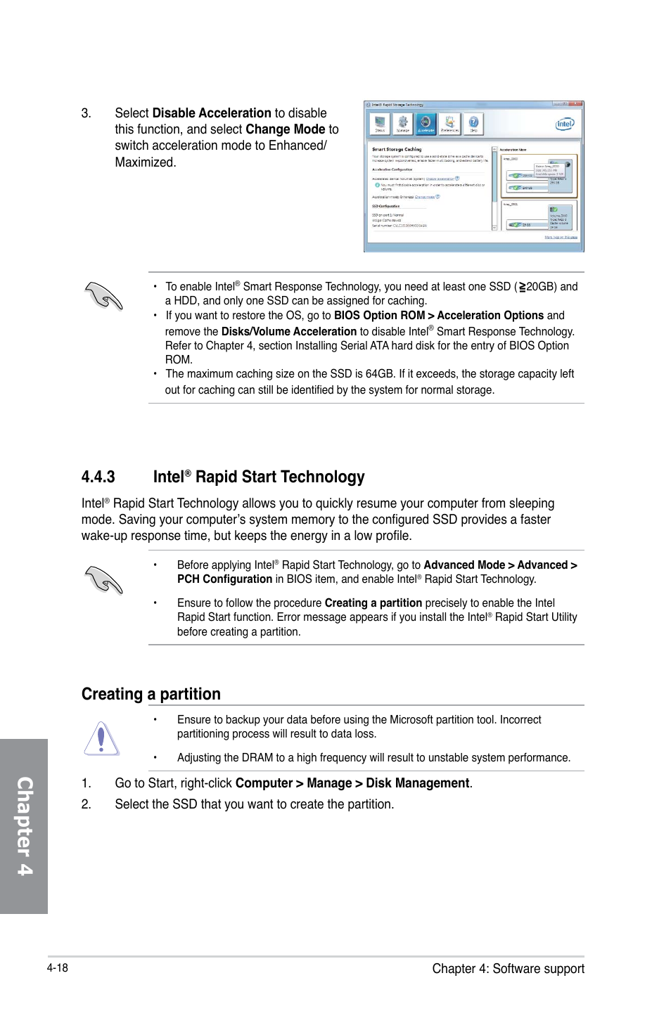 Chapter 4, 3 intel, Rapid start technology | Creating a partition | Asus P8H77-M PRO User Manual | Page 124 / 156
