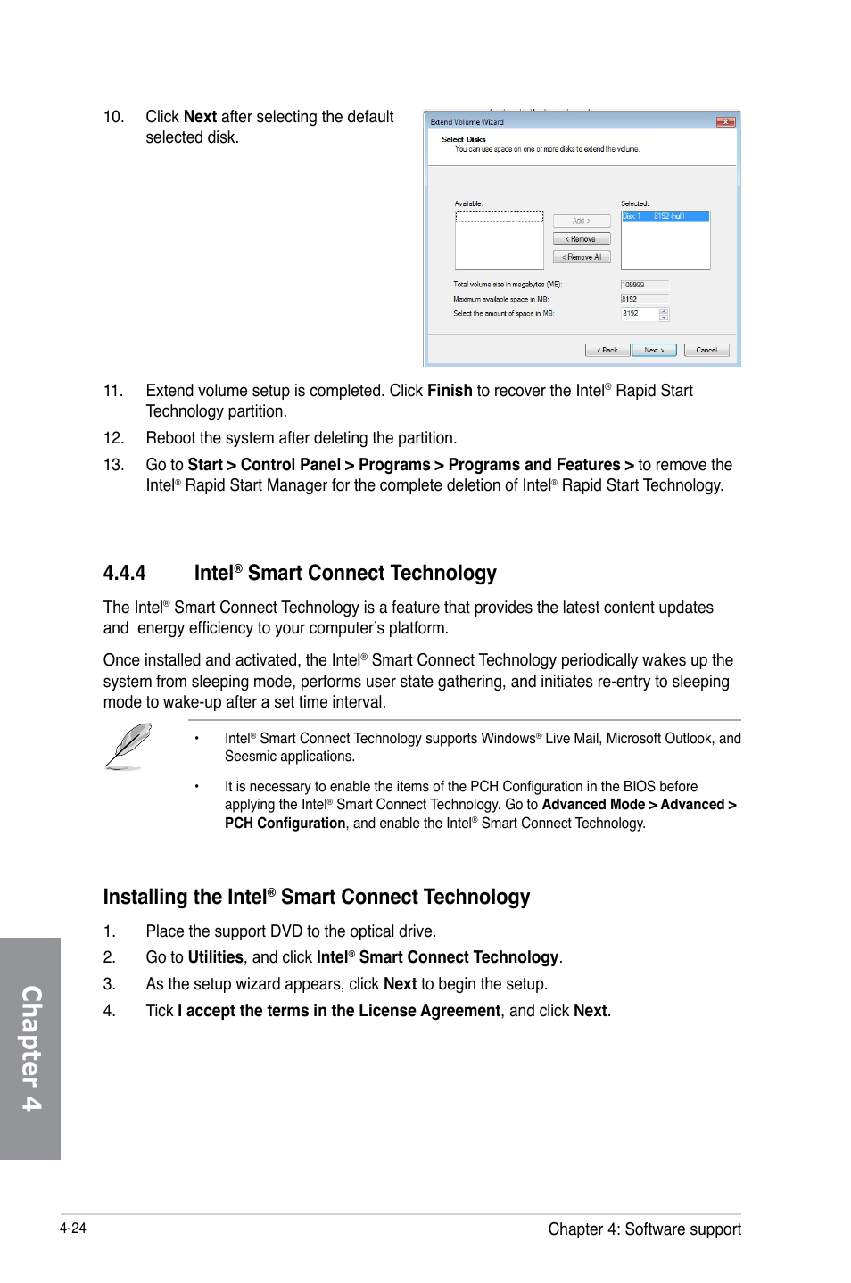 Chapter 4, 4 intel, Smart connect technology | Installing the intel | Asus P8H77-M PRO User Manual | Page 130 / 156