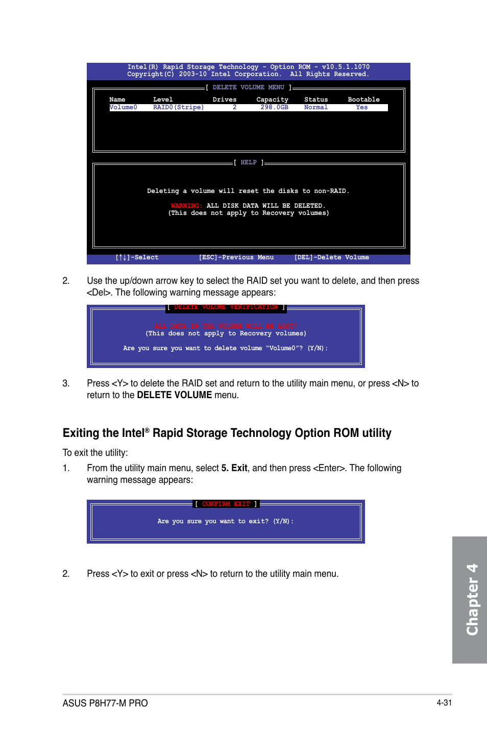 Chapter 4, Exiting the intel, Rapid storage technology option rom utility | Asus P8H77-M PRO User Manual | Page 137 / 156