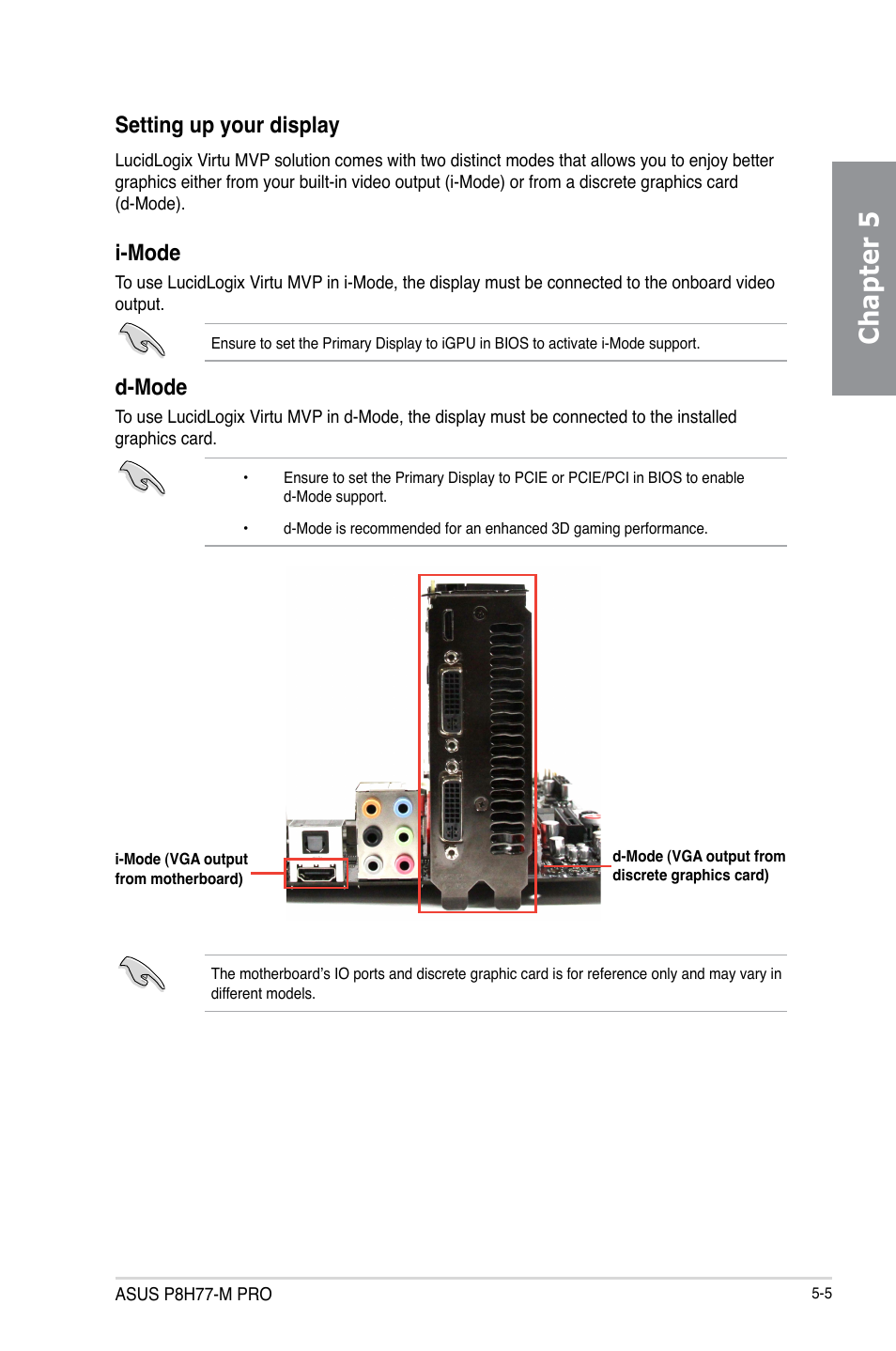Chapter 5, I-mode, D-mode | Setting up your display | Asus P8H77-M PRO User Manual | Page 147 / 156
