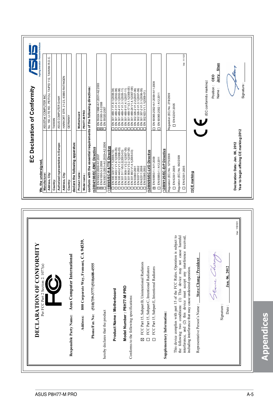 Appendices, Declaration of conformity, Ec declaration of conformity | Asus p8h77-m pro a-5, Asu s c om pu te r in te rn at io na l | Asus P8H77-M PRO User Manual | Page 155 / 156