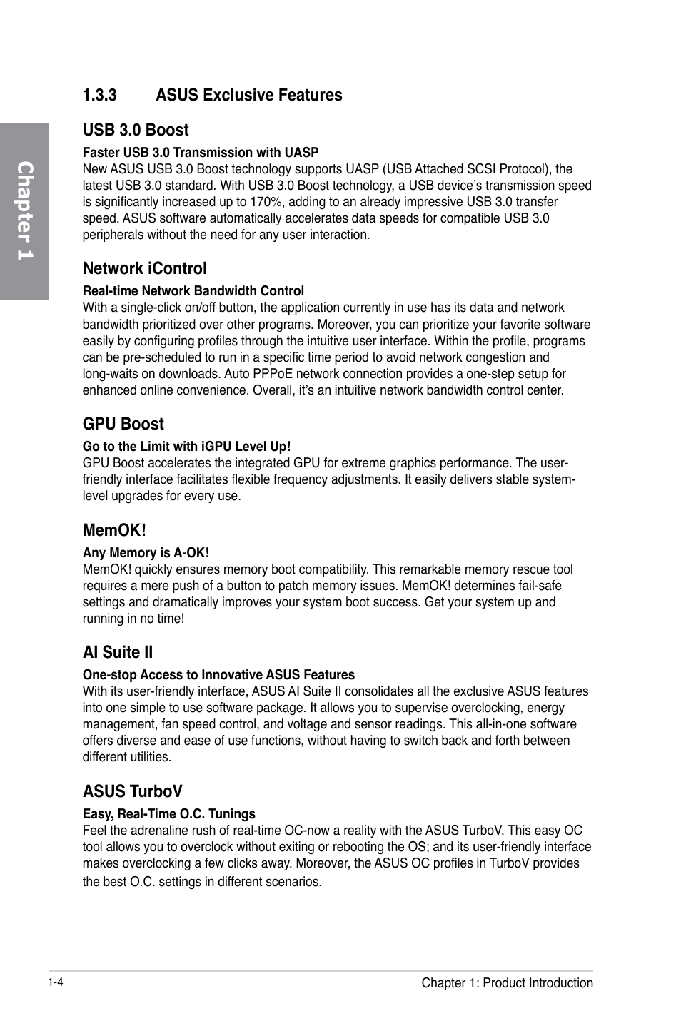 Chapter 1, 3 asus exclusive features usb 3.0 boost, Network icontrol | Gpu boost, Ai suite ii, Asus turbov | Asus P8H77-M PRO User Manual | Page 18 / 156