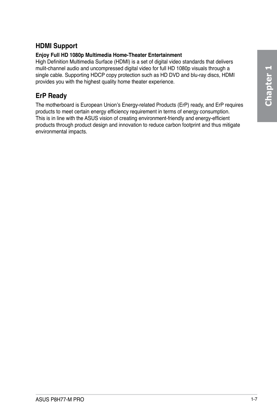 Chapter 1, Hdmi support, Erp ready | Asus P8H77-M PRO User Manual | Page 21 / 156